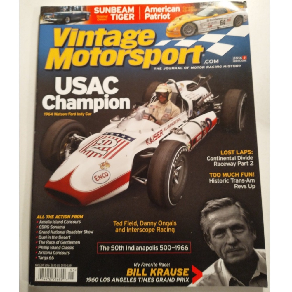 Vintage Motorsport Magazine May June 2016 USAC Champion Watson-Ford Indy Car